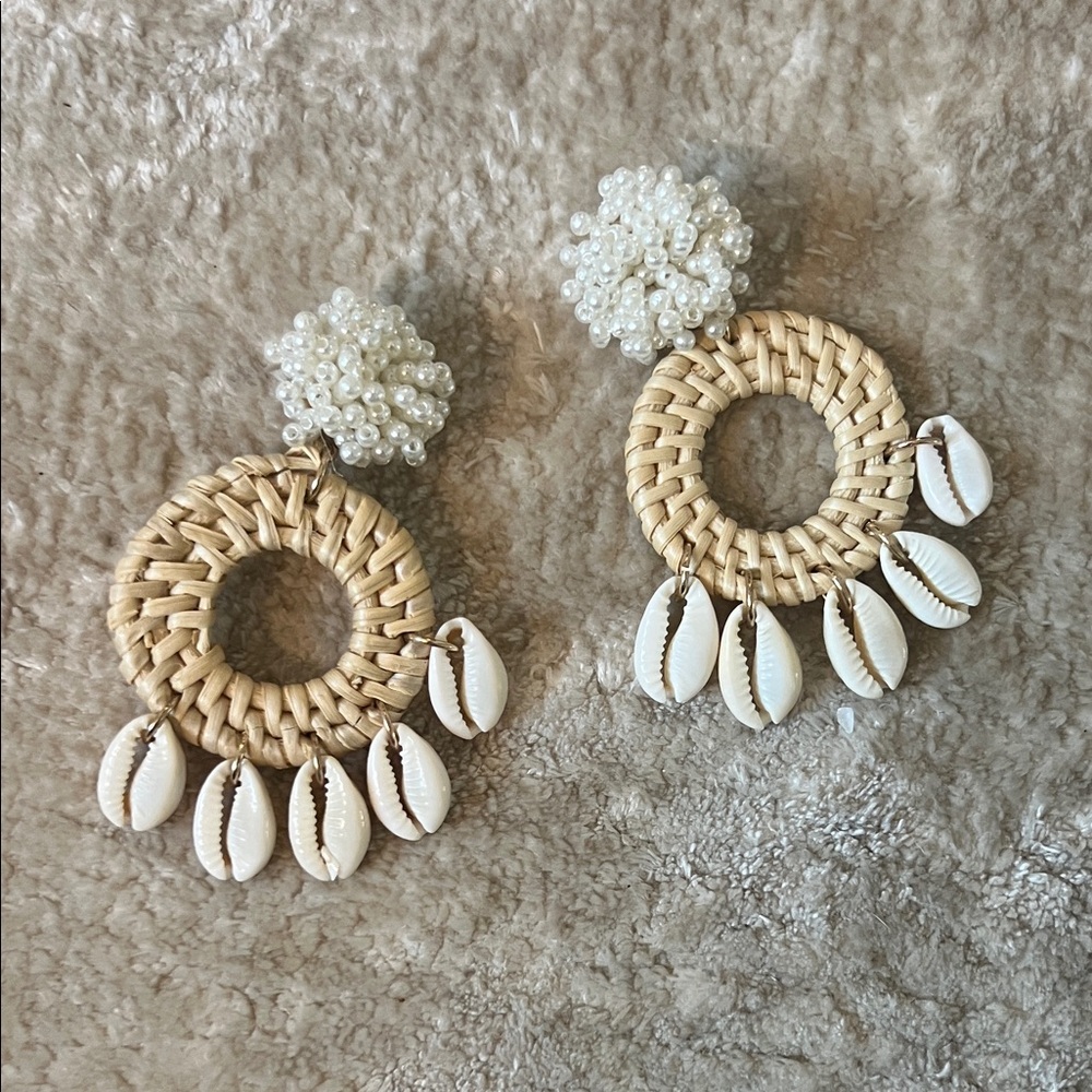 Pearl Cluster & Rattan Hoop Shell Drop Earrings - Natural White